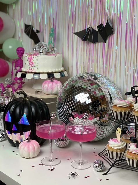 Disco Halloween Party Halloween Party Ideas | Photo 5 of 11 | Catch My Party Holographic Halloween Decor, Spooky Disco Party, Let’s Boogie Party, Halloween Girly Party, Haunted Disco Party, Barbie Halloween Party Decorations, Barbie Halloween Party Ideas, Halloween Barbie Party, 70s Halloween Party