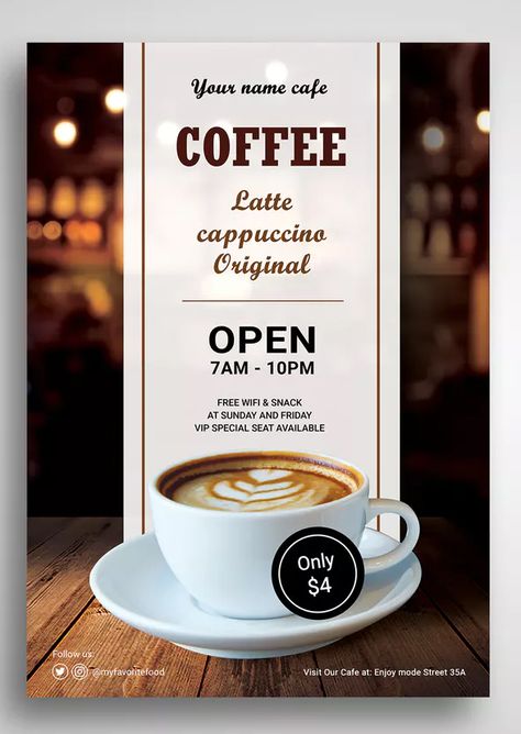 Coffee Shop Promo Flyer Template PSD - A4. Download Coffee Poster Design, Promo Flyer, Cafe Posters, غلاف الكتاب, Restaurant Poster, 광고 디자인, Flyer Printing, Banner Ads Design, Coffee Logo