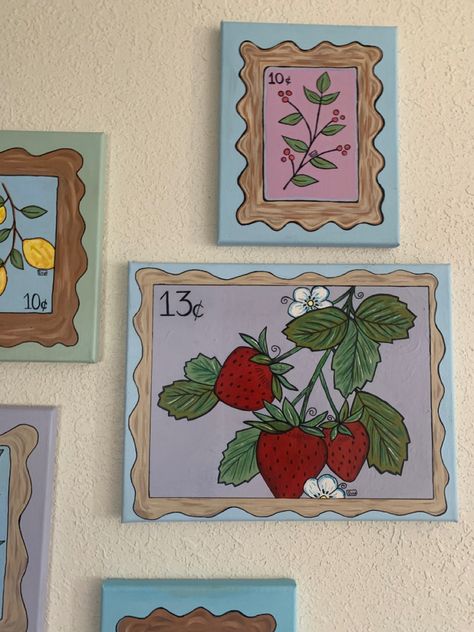 Small Art Ideas Canvases, Cute Lemon Painting, Easy Aesthetic Acrylic Paintings, Strawberry Art Painting, Doodle Acrylic Painting, Room Decor Ideas Painting, Painting Ideas On Canvas Paper, Things To Paint For Room Decor, Collage Painting Canvas Ideas