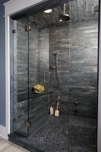 Big Tiled Shower Ideas, Big Shower Aesthetic, Bathroom Tile Showers Walk In, Wetroom Ideas, Modern Shower Tile, Shower Vibes, Slate Bathroom, Aesthetic Shower, Modern Shower Design