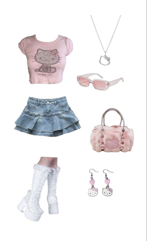 Y2k Outfits Wallpaper, Hello Kitty Birthday Outfit Aesthetic, Preppy Outfits Aesthetic Y2k, Hello Kitty Pink Outfit, Fits With Accessories, Hello Kitty Aesthetic Clothes Y2k, Hello Kitty Costume Womens, New Y2k Outfits, Hello Kitty Clothing Y2k