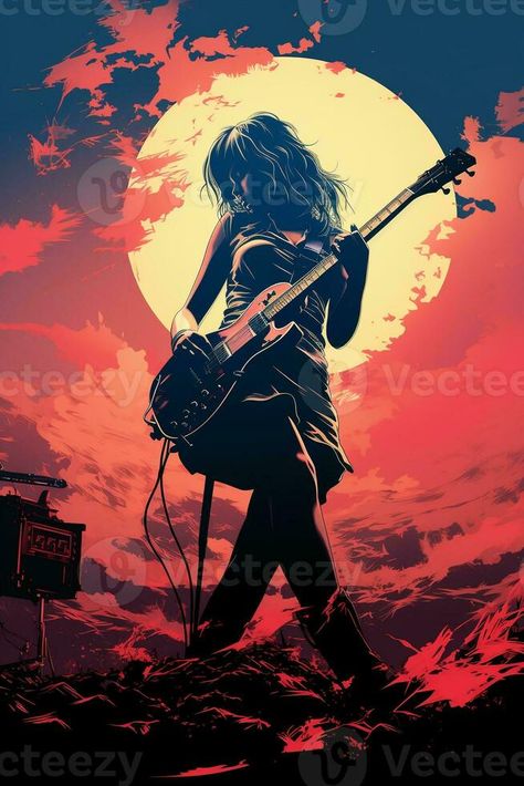 Silhouette of a 18 year old girl, Female rock singer, play a Electric Guitar and sing, front, vintage fashion, modern posters. AI generative Modern Posters, Drawing Rocks, Rock Singer, Guitar Drawing, Guitar Posters, Rock Girl, Modern Vintage Fashion, Band Logo, Girl Posters