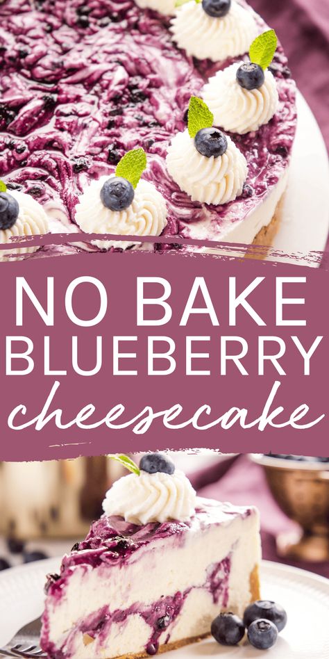 This No Bake Blueberry Cheesecake recipe is a stunning and simple summer dessert made easy with only a few simple ingredients. Ultra creamy, smooth and flavoured with sweet blueberry sauce - no baking required! Recipe from thebusybaker.ca! #blueberrycheesecake #nobakecheesecake #nobakeblueberrycheesecake #berrycheesecake #easycheesecake #cheesecakerecipe #dessertrecipe #easydessert #nobakedessert via @busybakerblog Pie, Kos, No Bake Blueberry Cheesecake Recipe, Cheesecake Recipes No Bake, Delicious Cheesecake Recipes, Blueberry Cheesecake Recipe, No Bake Blueberry Cheesecake, Fun Cheesecake Recipes, Blueberry Sauce