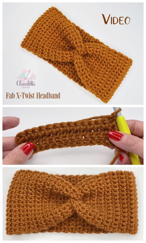 X-Twist Headband Free Crochet Patterns Video Twisted Ear Warmer, Bandeau Au Crochet, Crochet Headband Tutorial, Crochet Ear Warmer Pattern, Crochet Turban, Crochet Newborn Hat, Crochet Crown, Headband Diy, Twisted Hair