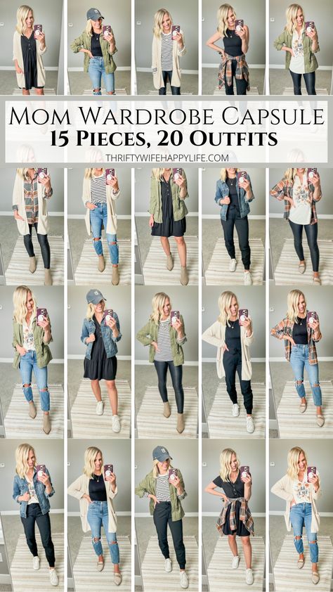 15 Piece Capsule Wardrobe, Capsule Wardrobe Casual Chic, Mom Casual Outfits, Teacher Capsule Wardrobe, Mom Style Fall, Mom Outfits Fall, Nerd Style, Minimalist Wardrobe Capsule, 20 Outfits