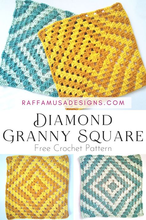 a collage of pictures showing diamond granny squares crocheted in different colors Amigurumi Patterns, Two Color Granny Square, Different Granny Square Patterns, Diamond Granny Square, Crochet Sampler Blanket, Crochet Diamond, Top Layering, Crochet Valentine Patterns, Crochet Bobble