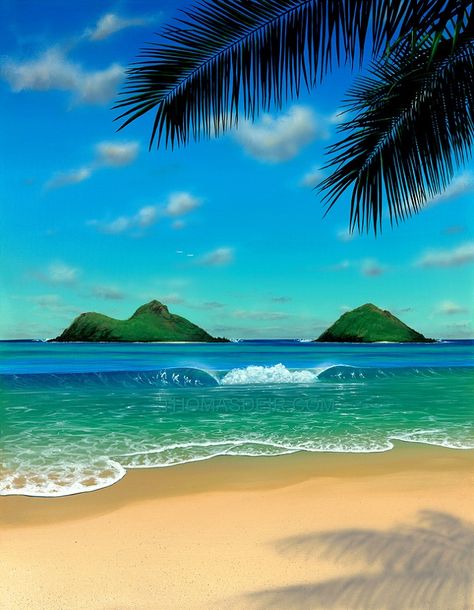 Beautiful Beach Paintings, Hawaii Beach Painting, Seascapes Art Beach Scenes, Hawaii Painting Ideas, Beach Scenes Photography, Painting Beach Scenes, Sea Beach Painting, Tropical Beach Painting, Hawaii Art Print
