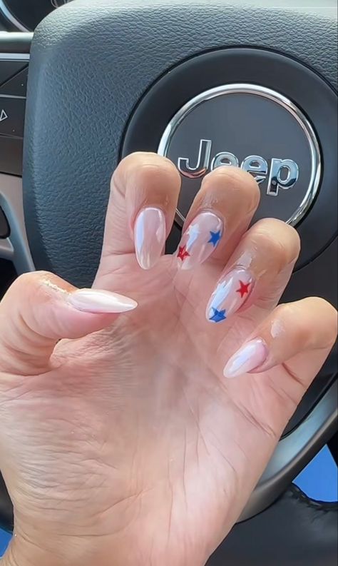 Preppy Acrylic Nail Ideas, Almond Nails With Accent Nail, Preppy 4th Of July Nails, Almond 4th Of July Nails, Different Color Nails French Tip, Senior Photo Nails, Cute Acrylic Nails Simple, Cute Nail Inspo Almond, Short Nail Gel Ideas