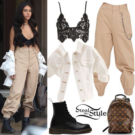 Madison Beer: Black Lace Bralette, Cargo Pants | Steal Her Style Styling Bralettes Outfits Casual, Bralettes Outfits Casual, Steal Her Look, Dance Style Outfits, Estilo Madison Beer, Madison Beer Outfits, Simple Style Outfits, Beer Outfit, Bralette Outfit