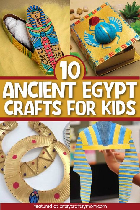 Celebrate King Tut Day with 10 Fun Ancient Egypt Crafts for kids – Mummies, pyramids, Pharoah’s headgear, jewelry, Hieroglyphics, and more! Egyptian School Projects, Ancient Egypt Jewelry Craft, Egyption Arts And Crafts, Egyptian Crafts For Kids School Projects Ancient Egypt, Fun Egyptian Activities, Ancient Egypt Arts And Crafts, Elementary Egyptian Art Projects, Ancient Egypt Elementary Art, Diy Egyptian Pyramid School Projects