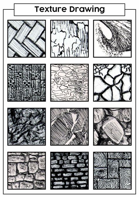 Drawing Using Textures Textures Drawing Ideas, Draw Texture Pencil, How To Draw Texture Pencil, Rough Texture Drawing, Texture Elements Of Art, Art Texture Drawing, Bumpy Texture Drawing, Ink Texture Pattern, Simulated Texture Drawing