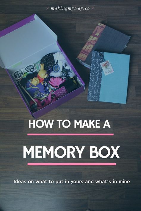 How to make a memory box. Why you should make one, what's in mine, and ideas on what to put in yours. Having keepsakes in one place keeps you organized... College Organisation, Memory Storage Ideas, Memories Box Diy, Graduation Memories, Scrapbook Box, Autograph Book Disney, High School Memories, Yearbook Covers, Special Birthday Cards