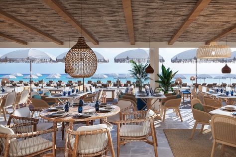 Ammos, the new greek restaurant of Ushuaïa Ibiza Beach Hotel Beach Restaurant Design, Beach Terrace, Greek Cafe, Montenegro Beach, Korean Grill, Restaurant Beach, Greek Restaurant, Restaurant Exterior, Fall Beach