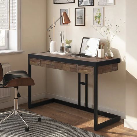 Small Wood Desk, Industrial Contemporary, Side Drawers, Wood Computer Desk, Keyboard Tray, Industrial Desk, Solid Wood Desk, Black Steel Frame, Metal Desks