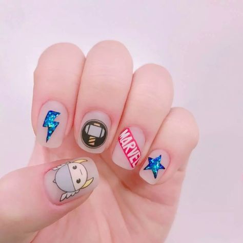 Thor Nails Designs, Thor Nail Art, Thor Nails, Marvel Nails Designs, Avenger Nails, Captain America Nails, Lego Nails, Superhero Nails, Avengers Nails