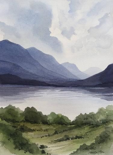 Mountain Nature Drawing, Painting In A Sketchbook, Water Coloring Ideas Landscape, Water Paint Landscape, Watercolor Misty Mountains, Lake Painting Watercolor, Watercolor Art Landscape Mountain, Watercolor Painting Mountains, Mountain Lake Watercolor