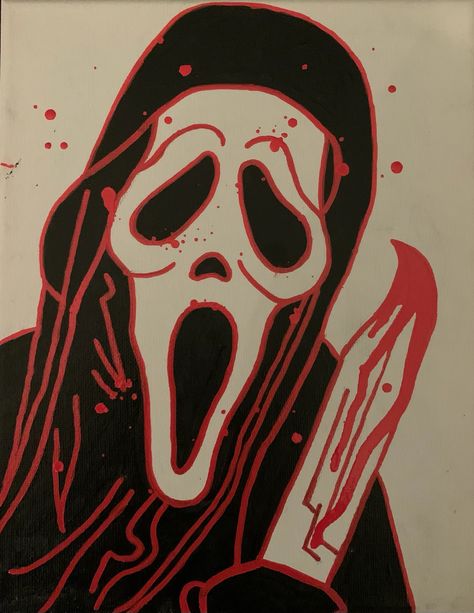 #scream #horror #art #painting Scream Pop Art, Scream Graphic Design, How To Draw Ghost Face, Scream Acrylic Painting, Trippy Cartoon Drawing Ideas Easy, Scream Painting Horror, Pumpkin Painting Ideas Scream, Horror Movie Pumpkin Painting, Screaming Face Painting