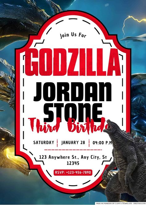 Free Unleash the Fun: Tips to Host a Godzilla Birthday Bash with FREE Invitations! Planning a Godzilla-themed birthday party that's as colossal as the iconic monster itself? We've got your back! From jaw-dropping decorations to free invitations that roar with excitement, here are th... Godzilla Party Decorations, Godzilla Invitations, Godzilla Cake, Godzilla Vs King Ghidorah, Godzilla Party, Godzilla Birthday Party, Godzilla Birthday, Godzilla Figures, Monster Munch