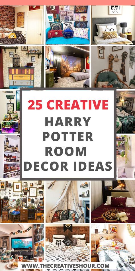 Unleash your inner wizard or witch with these easy and creative DIY Harry Potter bedroom ideas. Whether you're a Gryffindor or a Hufflepuff, find inspiration to infuse the enchantment of Hogwarts into your space. Explore ideas for personalized decor that will transport you to the wizarding world. Harry Potter Loft Room, Harry Potter Home Library Ideas, Harry Potter Room For Teen Girl, Harry Potter Diy Room Decor Ideas, Harry Potter Movie Theater Room, Harry Potter Theme Bedroom Ideas, Harry Potter Themed Office Decor, Harry Potter Paint Colors Bedroom, Harry Potter Boho Bedroom