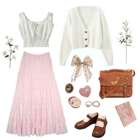 Cute Light Blue Outfits Aesthetic, Summer Cottagecore Dress, Scarlet Outfit Aesthetic, Pink Hippy Outfit, Polyvore Outfits Aesthetic Soft, Cottage Core Pink Outfit, Pretty In Pink Aesthetic Outfits, Pink Core Aesthetic Outfits, Blue And Pink Aesthetic Outfit