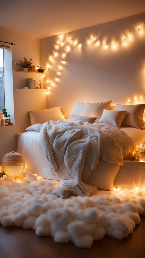 Fluffy Room Ideas, How To Make A Cozy Bedroom, Nice Bedroom Ideas, Bedroom Ideas Aesthetic Cozy, Bedroom Ideas Cozy Warm, Square Bedroom Ideas, Winter Bedroom Ideas, Mood Lighting Bedroom, Cosy Bedroom Decor