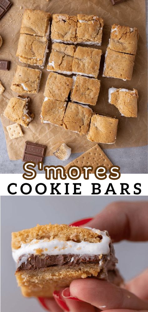 These delicious s'mores cookie bars are filled with delicious marshmallow creme and chocolate bars in the center. Essen, Tag Along Cookie Recipe, Smores Cookie Bars Easy, Dessert With Marshmallow Fluff, Smores Brownies With Box Brownies, Brookie Cookies, Graham Cracker Cookie Bars, Graham Cracker Cookie Dough, Smores Cookies Bars