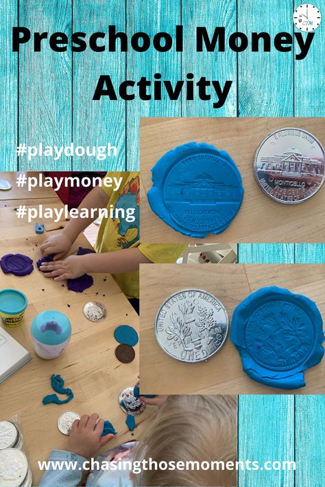 What a fun way to study money while playing with play dough! Your preschooler will love making these coin play dough impressions as much as mine did! Great for 2-6 year olds! #moneyactivities #preschool #preschoollearningactivities #preschoolplaydoughideas #preschoolmoneygames Money Activity For Preschool, Preschool Money Crafts, Coins Activities For Kindergarten, Coin Activities Preschool, Money Early Years Activities, Prek Money Activities, Preschool Money Activities, Money Preschool Activities, Money Eyfs Activities