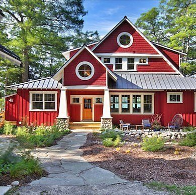 Exterior Trim: White is Nautical; Yellow is Heritage | Maria Killam | True Colour Expert | Decorator Red House Exterior, Color Library, Red Farmhouse, Red Houses, Rustic Exterior, Red Cottage, Pintura Exterior, Casa Vintage, Casa Exterior