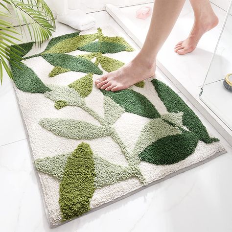 PRICES MAY VARY. Size & Soft Touch: 30x20inch (80cm x 50cm). Fluffy bath mat for bathroom, cute bathroom rugs. Made of 100% soft microfiber, which make our bath rugs more plush and fluffy, shaggy, you will feel comfortable when you step on it. Environmental protection TPR backing make our bath mat strong anti-slip, stable and not shifting. Non Slip & Super Absorbent:The cute bath rug use enviromental TPR backing material, has excellent non-skid performance, strong and durable. Please place the b Dorm Room Rugs, Apartment Rugs, Modern Bath Mat, Bathroom Floor Mat, Bathroom Carpet, Green Leaf Print, Non Slip Flooring, Modern Nordic, Green Bathroom