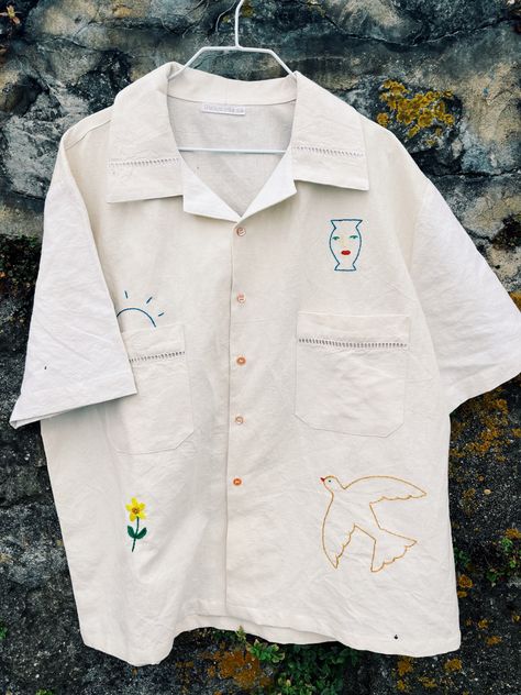 Unique unisex linen upcycled shirt , natural color with special hand embroidery Couture, Embroidery Mens Shirt, T Shirt With Embroidery, Mens Diy Clothes, Button Up Embroidery, Cool Embroidery Designs On Shirts, Men’s Embroidery, Embroidered Mens Shirt, Embroidery On White Shirt