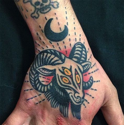 Aries American Traditional Tattoo, Goat American Traditional Tattoo, Baphomet Traditional Tattoo, Trad Goat Tattoo, Aries Tattoo Traditional, Aries Traditional Tattoo, American Traditional Goat Tattoo, Baphomet Tattoo Traditional, American Traditional Goat