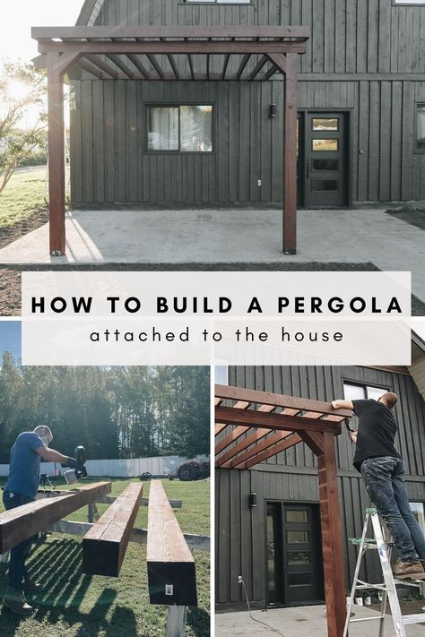 How To Build A Pergola With Roof, Wooden Pergola Attached To House, Pergola Lean To House, Pergola Next To Garage, Craftsman Pergola Ideas, Pergolas, Pergola Attached To Brick House, Pergola From House Wall, Pergola Patio Front Of House