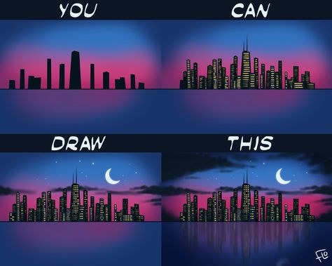 You Can Draw This City Skyline in Procreate following my easy and fully narrated video tutorial Simple Digital Art Tutorial, Art With Flo, Digital Art Tutorial Beginner, Skyline Drawing, Blending Colors, Learn Animation, Ipad Painting, Prismacolor Art, Concept Art Tutorial