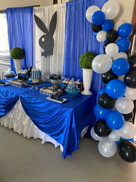 Royal blue, white and black playboy party Avicii, Blue Black And White Party Decorations, Blue Themed 21st Birthday, Blue And Black Birthday Theme, Black And Blue Party Theme, Playboy Bunny Theme Party Birthdays, Black And Blue Birthday Theme, Blue And Black Birthday Decor, Playboy Themed Party