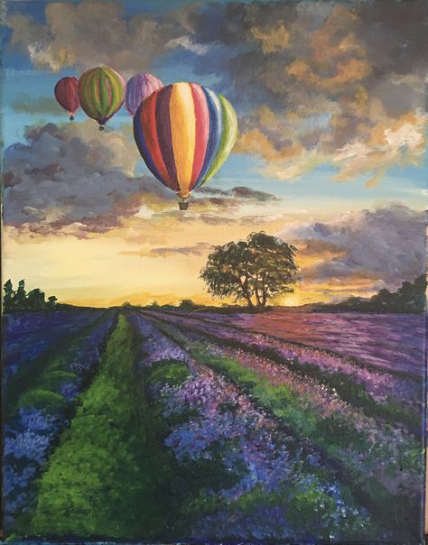 Nature Acrylic Painting Canvases, Hot Air Balloon Acrylic Painting, Sky And Sunset, Lavender Festival, Digital Art Programs, Arcylic Painting, Hot Air Balloons Art, Easy Landscape Paintings, Living Wall Art