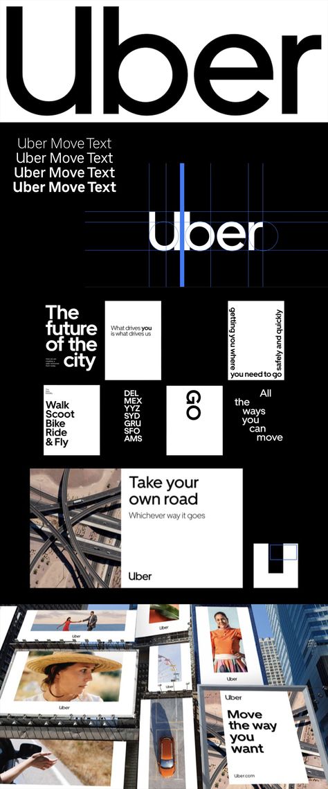 Wolff Olins, Uber's in-house brand experience team and Jeremy Mickel who is responsible for the new type face: Uber Move. Move. That's the big message Uber wants to convey. Move forward and forget the past. Uber Brand Identity, Uber Branding, Uber Ads, News Branding, Wolff Olins, Brand Guidelines Design, Forget The Past, Instagram Design Layout, Digital Advertising Design