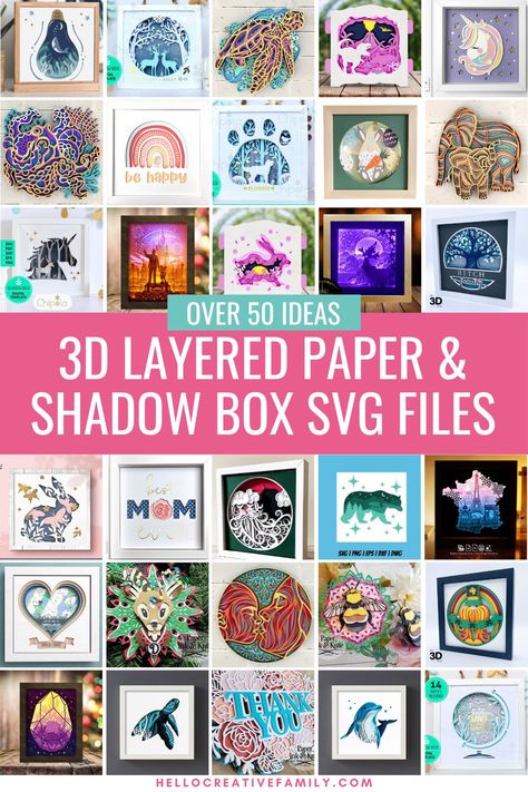 Creating layered paper projects and shadow boxes out of cardstock with your Cricut is one of the most popular Cricut projects! We're sharing a ton of tips, tricks and ideas so that you'll be making 3d layered paper art with your Cricut like a pro! Includes over 50 layered paper project SVGs! Cricut Paper Layering, How To Make Shadow Boxes With Cricut, Cameo Paper Projects, 3d Shadow Box Ideas Silhouette Projects, Cricut Organization Projects, Circuit Cardstock Projects, Cricut Magnet Ideas, Cricket Shadow Box Ideas, Paper Projects With Cricut