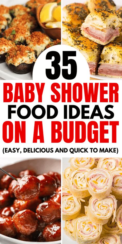 If you're looking for some easy baby shower food ideas on a budget, then this post is for you! Here you'll find 35 delicious baby shower recipes that anyone can make on the cheap. Essen, Affordable Party Food, Easy Baby Shower Food Ideas, Easy Baby Shower Food, Baby Shower Treats Boy, Best Baby Shower Food, Summer Baby Shower Food, Food Ideas On A Budget, Baby Shower Pasta