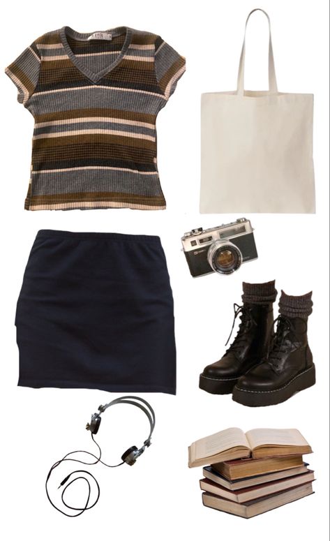 downtown girl aesthetic gilmore girls outfits gilmore girls aesthetic gilmore girls outfits gilmore girls fall aesthetic gilmore girls fall rory brown blue 90s doc martens miniskirt tote bag headphones books 90s Downtown Outfit, 90s Fashion Mini Skirt, Early 2000s Fashion Rory Gilmore, Fall Aesthetic Wardrobe, 90s Cool Girl Aesthetic Outfits, Rory Gilmore Fashion Aesthetic, Rory Gilmore Png Clothes, Rory Gilmore Doc Martens, Rory Gilmore Crochet