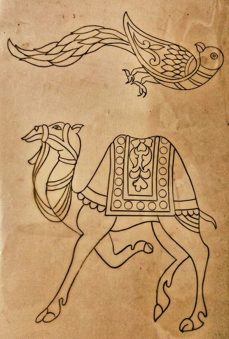 Folk Design Indian, Pichwai Drawing For Tracing, Camels Art, Armband Tattoos, Kalamkari Painting, Fabric Painting On Clothes, Kerala Mural Painting, Pichwai Paintings, Beautiful Tattoo