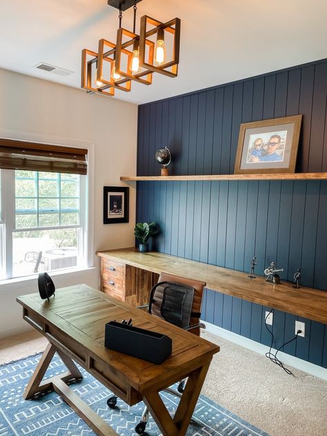 Rustic Blue Shiplap Office With Guitar Display.  The beautiful touches of woods and blue accent wall gave this office so much textures. The display of the guitars were a unique diy specific for this office. Shiplap Office Wall Ideas, Man Office Accent Wall, Office With Shiplap Accent Wall, Shiplap Wall Office Decor, Office Accent Wall With Shelves, Rustic Wood Accent Wall Bedroom, Office With Navy Accent Wall, Tile Accent Wall Office, Shiplap In Office