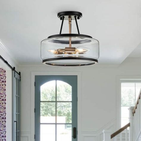 3 - Light Industrial-style Black Lantern Glass Semi Flush Mount - On Sale - Bed Bath & Beyond - 37280123 Entry Way Hallway, Semi Flush Mount Light, Living Room Entry, Entry Lighting, Flush Mount Chandelier, Black Lantern, Industrial Style Lighting, Entryway Lighting, Crystal Ceiling Light