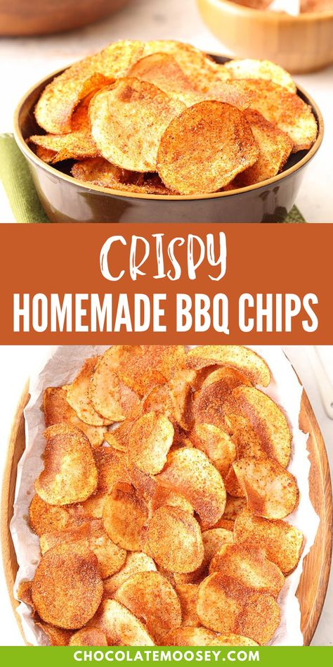 Crispy Homemade BBQ Chips (Barbecue Chips) tossed in a spicy barbeque seasoning are easier to make at home than you think! Recipes for baked potato chips and fried potato chips provided. The seasoning for barbecue chips in general is a little bit tricky because everyone’s definition of spice is different. Also, the spices you buy are important. The $1.00 chili powder you buy at the discount store may not be as strong as the fresh chili powder you buy from a specialty spice store. Bbq Powder For Chips, Homemade Chips Seasoning, Healthy Potato Chips Recipe, Homemade Bbq Potato Chips, Homemade Chip Seasoning, Homemade Potato Chip Seasoning, All Dressed Chips Seasoning Recipe, Homemade Bbq Chips, Bbq Chips Recipes