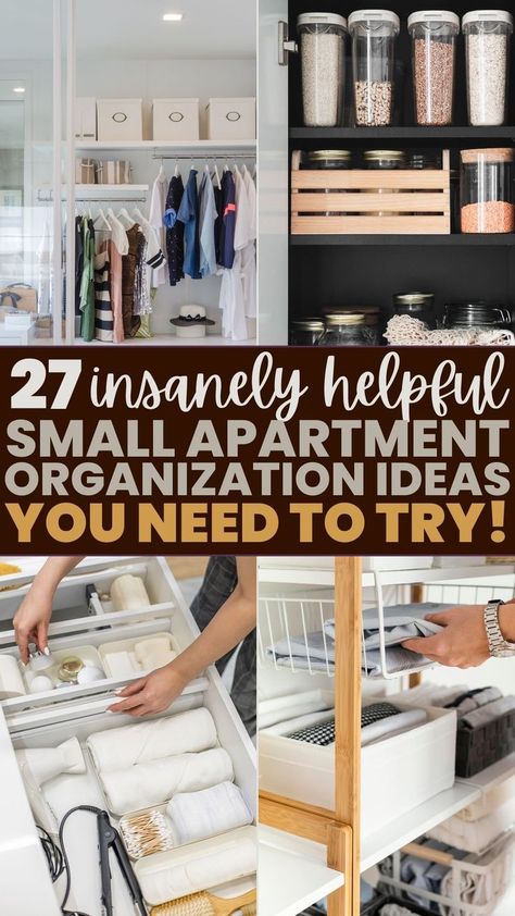 small apartment organization ideas Small Space Living Organization, Maximizing Apartment Space, 1 Bedroom Apartment Organization, Minimalist Apartment Organization, Tiny Apartment Organization Ideas, Utilizing Small Spaces, Storage Ideas For Studio Apartments, Small Studio Apartment Organization, Storing Clothes In Small Spaces