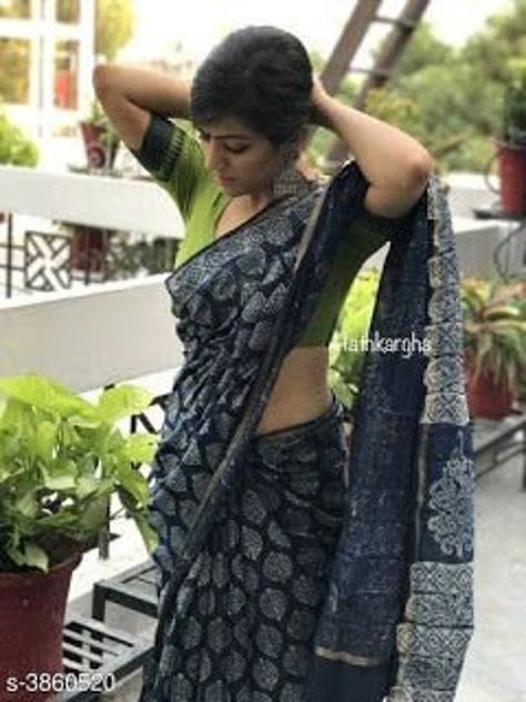 Haute Couture, Indigo Cotton Saree, Blue Cotton Saree, Ikkat Blouse, Indigo Saree, Saree Blue, Formal Saree, Cotton Saree Blouse Designs, Cotton Saree Blouse