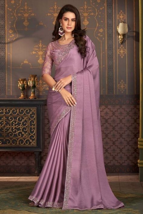 Onion Pink Satin Silk Chiffon Saree with Embroidered Blouse Lavender Silk, Dusty Lavender, Indian Designer Sarees, Simple Sarees, Embroidered Saree, Elegant Embroidery, Purple Satin, Chiffon Saree, Traditional Sarees