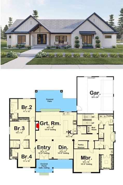 Single-Story Modern 4-Bedroom Farmhouse House Plan with Jack & Jill Bath and Bonus Expansion 4 Bed 3 Bath Open Floor Plan, Ranch Floor Plans With Basement 4 Bedroom, 4 Bed 1 Story House Plan, Homes Layout Floor Plans, Ranch House Flip, One Story House Layout Floor Plans, 4 Bedroom House Blueprints, House Layouts Single Story, New Build House Ideas One Story