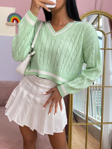 Mint Green Casual Collar Long Sleeve Fabric  Pullovers Embellished Non-Stretch Spring Women Knitwear Green Skirt Outfits, Cute Pastel Outfits, Mint Green Outfits, Mint Green Skirts, Mint Outfit, Green Preppy, White Outfits For Women, White Tennis Skirt, Tennis Skirt Outfit