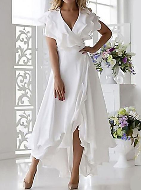 Wrap Dress Midi, Cheap Fashion Dresses, Womens Wrap Dress, A Line Maxi Dress, Chiffon Shorts, Petal Sleeve, Little White Dresses, Dress Midi, White Midi Dress