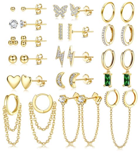 PRICES MAY VARY. 💕【EARRINGS FOR WOMEN MULTIPACK】--One order includes 9 pairs stud earrings,2 pairs hoop earrings, 5 pcs dangle hoop earrings, and 1 Pair chain earring sets for multiple piercing. We carefully select each pair of earrings to ensure you will get the best quality stud earrings and hoops. 💕【14K GOLD EARRING SET】--The gold studs earring hoop set is 14k gold plated, Advanced plating process with 316L stainless steel post pin+environmentally friendly alloy+soft copper, rust-free,nicke Multiple Piercings Earrings, Chain Earrings Gold, Tiny Gold Studs, Dainty Gold Earrings, Cartilage Earrings Stud, Mens Earrings Hoop, Gold Earrings For Women, Dangle Hoop Earrings, Dainty Studs